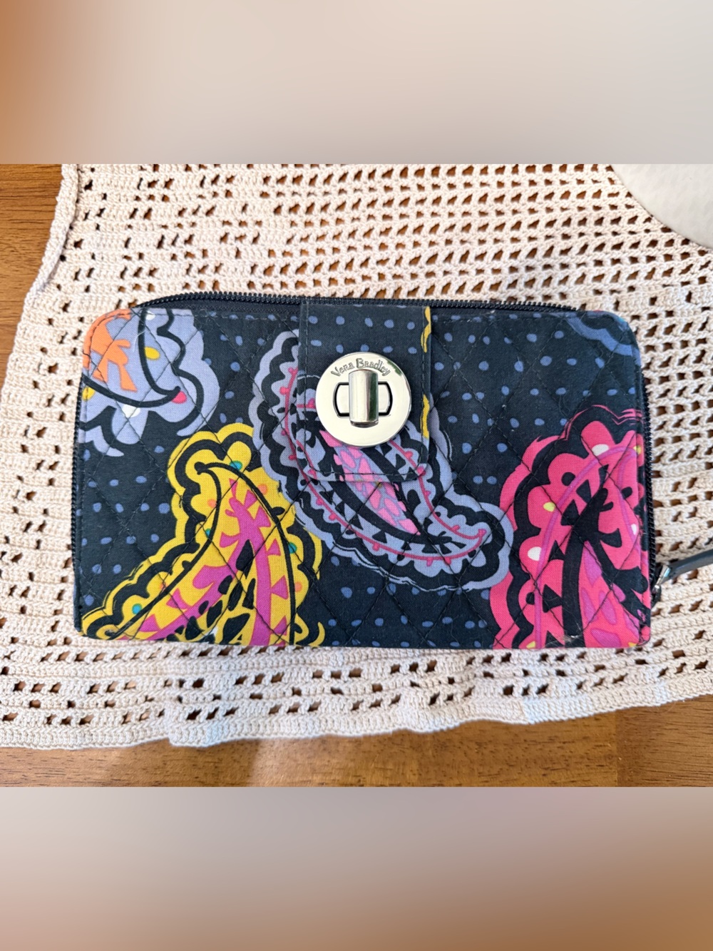 Vera Bradley Navy Quilted Paisley Turnlock Wallet with Pink Yellow Accents